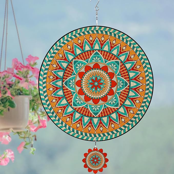 TUOKING Mandala Wind Spinners Outdoor Metal 3D Hanging Art Wind Spinner 12 Inch Stainless Steel for Yard and Garden Decoration Worth Gift for Women-VerdiqueGarden