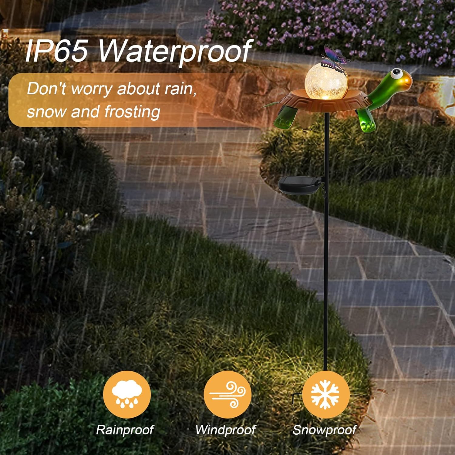 Afirst Solar Lights Outdoor Decorative Metal Turtle Crackle Glass Globe with Butterfly Warm White LED Metal Waterproof Garden Stake Lights for Walkway Pathway Lawn Patio Yard Decorations-VerdiqueGarden