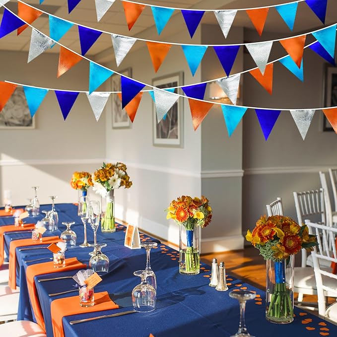 Orange Blue Silver Party Decorations Metallic Fabric Triangle Pennant Banner Flag Bunting Garland for Space Theme Birthday Wedding Bridal Shower Baby Shower Engagement Graduation Party Supplies-VerdiqueGarden
