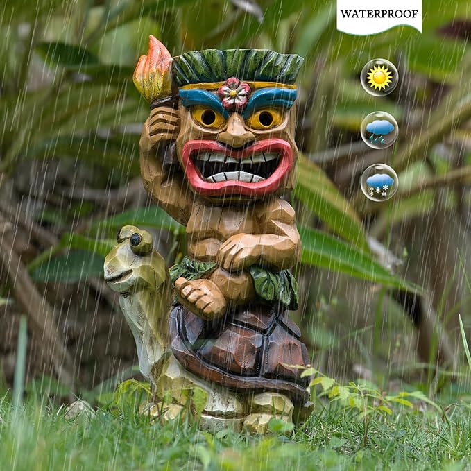 Solar Tiki Statue Light-Garden Turtles Outdoor Decor - Tiki Man Riding Turtle with Tiki Torch Solar Light for Tiki Bar Decorations, Patio, Balcony, Yard,Lawn,Gifts-VerdiqueGarden