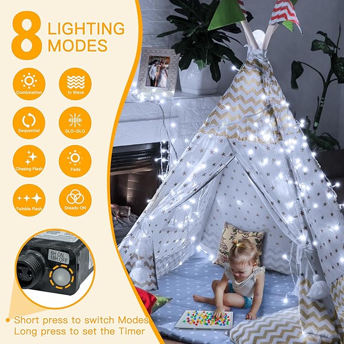 Ollny Outdoor String Lights 200LED 60FT, Cool White Connectable Plug in Fairy Light, 8 Modes Waterproof Timer Christmas Lights for Indoor Outside Bedroom House Party Wedding-VerdiqueGarden