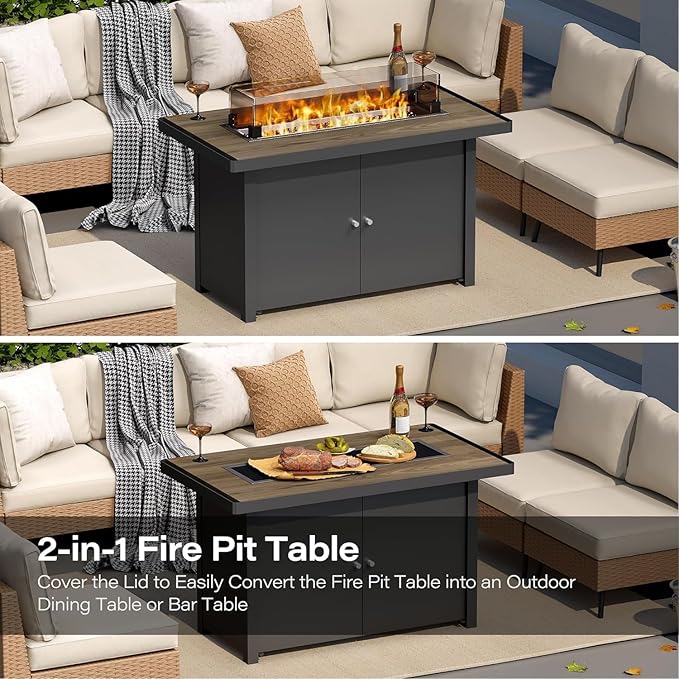 LAUSAINT HOME Propane Fire Pit Table 43 Inch with Lid, 55,000 BTU Gas Fire Pits for Outside Patio with Glass Wind Guard, Gray Glass Beads-VerdiqueGarden