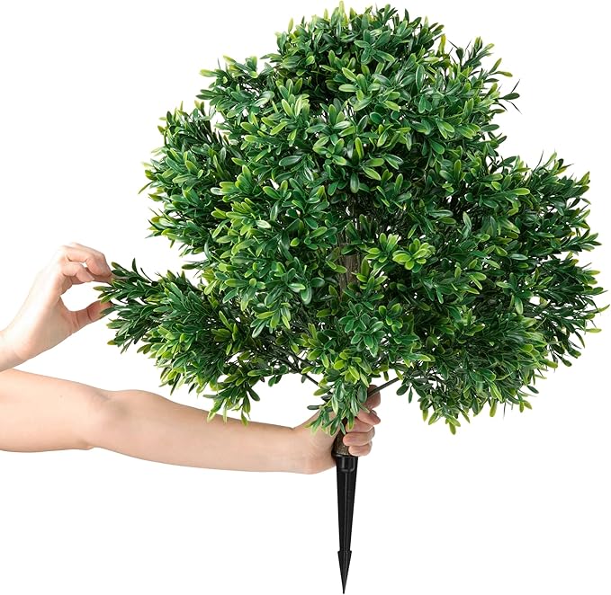 Premium 16" Diameter Artificial Japanese Boxwood Topiary – Set of 2 Faux Plants with Ground Spikes – UV-Resistant, Realistic Outdoor & Indoor Garden Décor – Weatherproof and Durable-VerdiqueGarden
