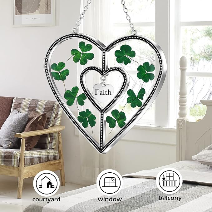 KY&BOSAM Shamrock Heart Suncatcher Faith Suncatcher St Patrick's Day Decoration Grandma Gifts for Windows Hangings Wind Chime with Pressed Flower Gifts for Mom Mother`s Day Valentine's-VerdiqueGarden