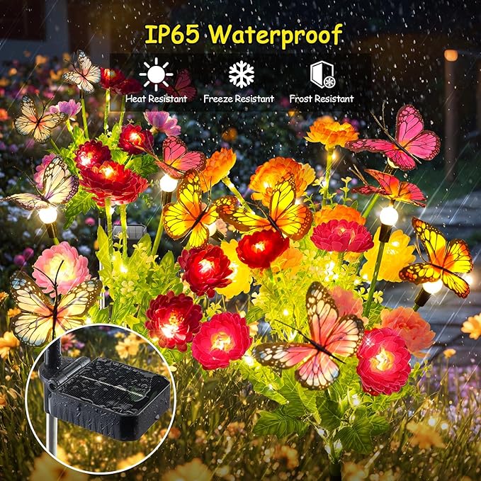 Solar Garden Lights, 3 Pack Swaying Solar Lights with 9 Butterflies & 21 Blooming Flowers, Solar Flowers Lights Outdoor Waterproof, Auto On/Off Solar Outdoor Lights for Yard Patio, Gift-VerdiqueGarden