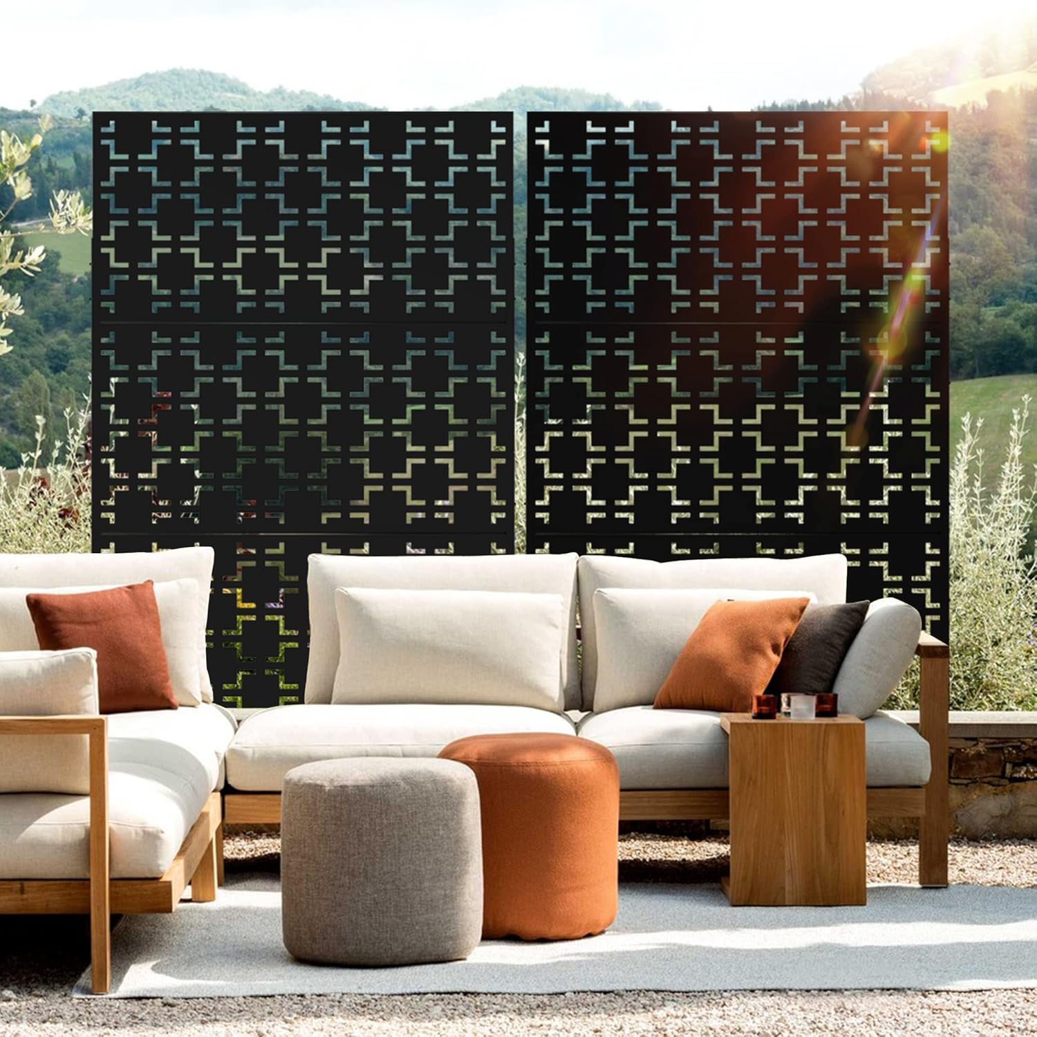 Metal Privacy Screen Outdoor 72" H×47" W,Freestanding Decorative Privacy Screen for Balcony Yard&Garden,Privacy Fence-Black&Square-VerdiqueGarden