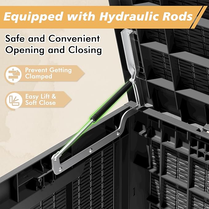 NUNU LAB 102 Gallon Large Waterproof Resin Deck Box, Lockable Outdoor Storage Box with Gas Lift, Patio Cushions, Garden Tools, Pool Supplies, Indoor Outdoor Storage Container, Black-VerdiqueGarden