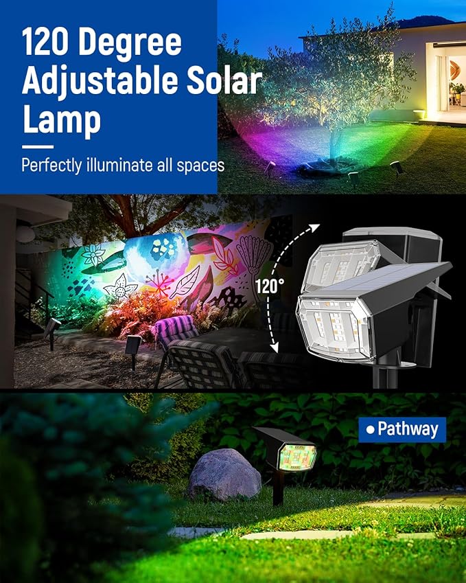 Solar Spot Lights Outdoor, 9 Lighting Modes RGB, Solar Lights Outdoor Waterproof IP65, 63 LED Landscape Spotlights for Holiday Decorations-VerdiqueGarden