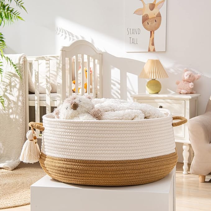 KAKAMAY Woven Baskets for Storage(16"x8"),Blanket Basket for Organizing Living Room,Cotton Rope Basket Woven Baby Laundry Hamper,Collapsible Laundry Room Organization,Clothes,Toy Chest(Brown)-VerdiqueGarden