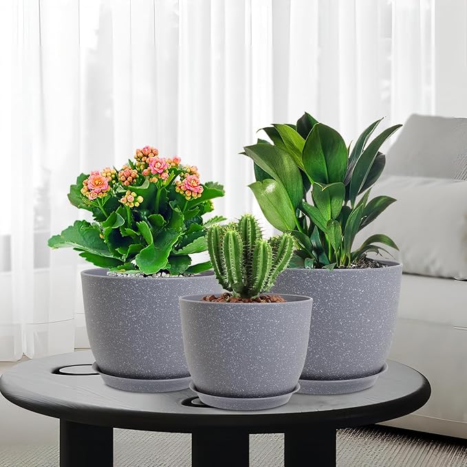 10/9/8 inch Plant Pots, Set of 3 Modern Decorative Plastic Planters with Drainage Holes and Saucers for Garden House Plants, Flower Pots for Indoor Outdoor Plants, Speckled Grey-VerdiqueGarden