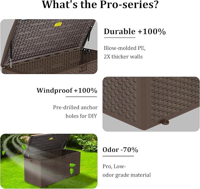 110 Pro Gallon Resin Deck Box, Waterproof Outdoor Storage Bin for Patio, Poolside, and Garden, Lockable & UV-Resistant, Ideal for Small Spaces, Coffee-VerdiqueGarden