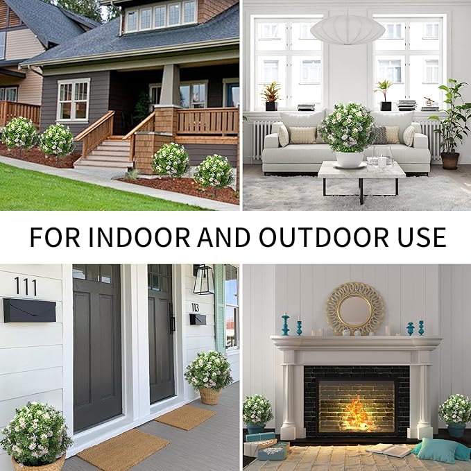 23.6" Artificial Boxwood Topiary Ball Trees with White Flowers, Set of 2 UV Resistant No Fade Outdoor Faux Plants with Ground Spike, Fake Shrubs for Garden, Patio, Porch, Yard, Indoor Decor-VerdiqueGarden