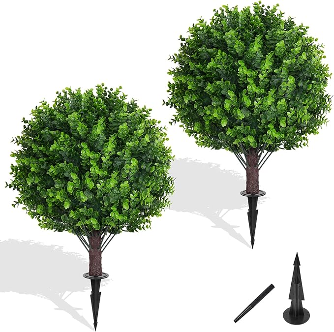 Artificial Eucalyptus Topiary Ball Trees with Ground Spike, Set of 2 UV Resistant Artificial Shrubs, Fake Evergreen Artificial Plant Bushes for Indoor Outdoor Front Porch Garden-VerdiqueGarden