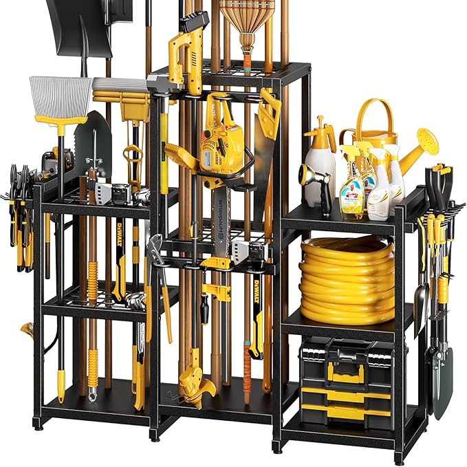 42" H Large Garden Tool Organizer, Holds Up to 86 Tools, Heavy Duty Yard Tool Organizer for Garage, 61“ Wide Lawn Freestanding Tool Storage Rack for Outdoor Shed Tool Rake, Shovel, Brooms-VerdiqueGarden