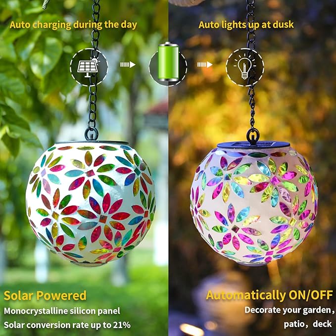 VCUTEKA Hanging Solar Lanterns Mosaic Solar Lights with Hook Up, Outdoor Garden Lights Decor for Yard Tree Fence Patio, Multicolor-VerdiqueGarden