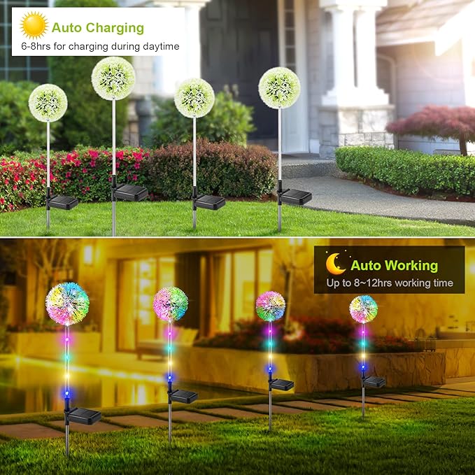 Outdoor Solar Lights, 6 Pack Solar Garden Lights with Bigger Dandelion Flowers, Waterproof Garden Decor Outdoor Solar Flower Lights for Yard, Patio, Pathway Decoration-VerdiqueGarden