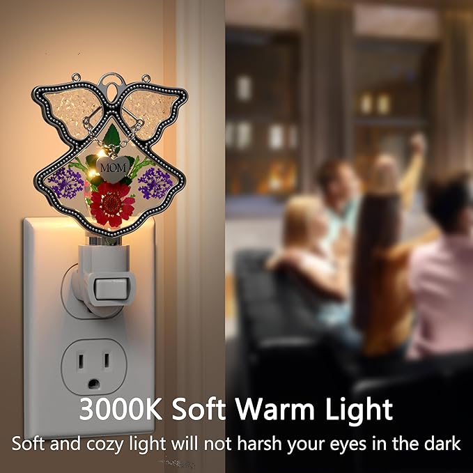 KY&BOSAM Night Light Mom Stained Glass Angel Night Lights Plug Into Wall with Real Flower in Glass and Metal Charm Night Light for Nursery Bedroom Bathroom Decorative Accent Lite Elegant Home Decor-VerdiqueGarden