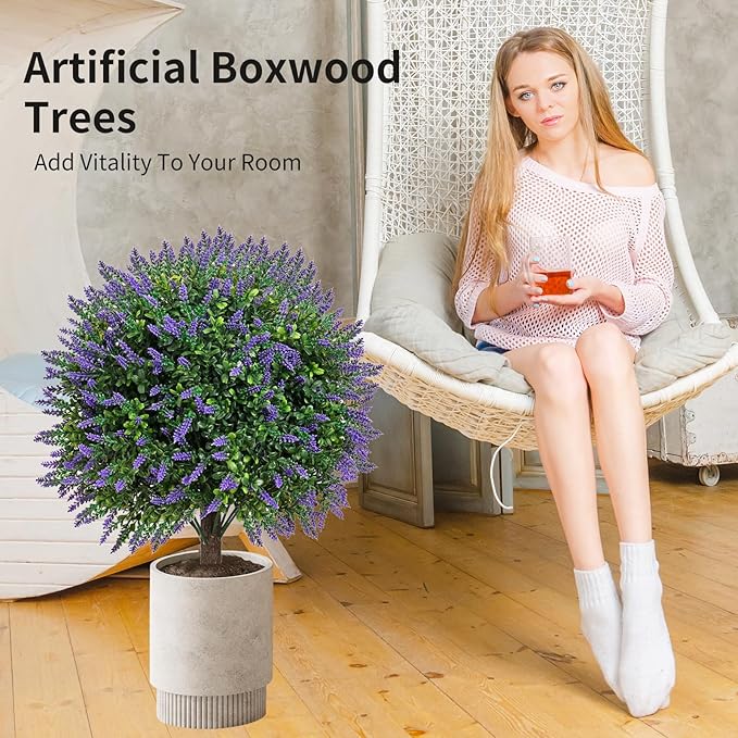 Artificial Lavender Topiany Ball Trees Set of 2,17” Resistant Fake Evergreen Shrubs with Ground SpilRealistic Outdoor Indoor Plants for Garden Porch Maintenance-Free Potted-VerdiqueGarden