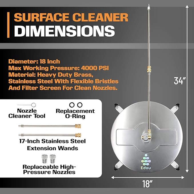 EDOU 18 inch Pressure Washer Surface Cleaner - Stainless Steel Power Washer Attachment - 4,000 PSI Max - Concrete Cleaner with Dual Nozzles and Extension Wands - Silver-VerdiqueGarden