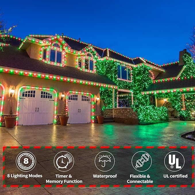 150ft LED Rope Lights Outdoor, 1080 LED Connectable and Flexible Tube Lights with 8 Modes, Waterproof LED Rope Lighting for Garden Patio Pool Bedroom PartyIndoor Outdoor Christmas Decor (Red & Green)-VerdiqueGarden