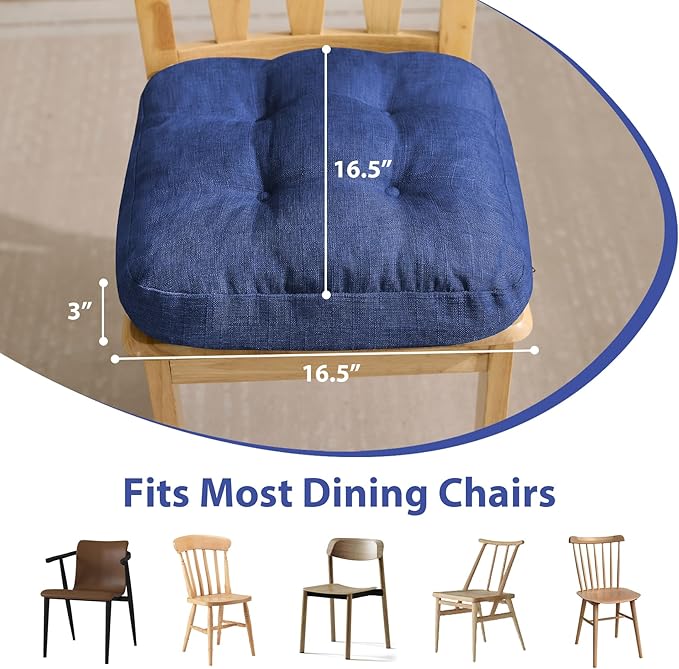 Chair Cushions for Dining Chairs, Dining Chair Cushions, Tufted Indoor Chair Pads with Ties & Non Slip Backing, Seat Cushions for Kitchen Chairs 16.5” x 16.5” x 3.5”, Set of 6, Navy Blue-VerdiqueGarden