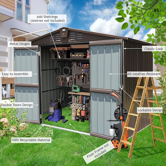 Domi Outdoor Storage Shed 8.2' x 6.2', Metal Steel Utility Tool Shed Storage House with Double Lockable Doors & Air Vents for Backyard Patio Garden Lawn Brown-VerdiqueGarden