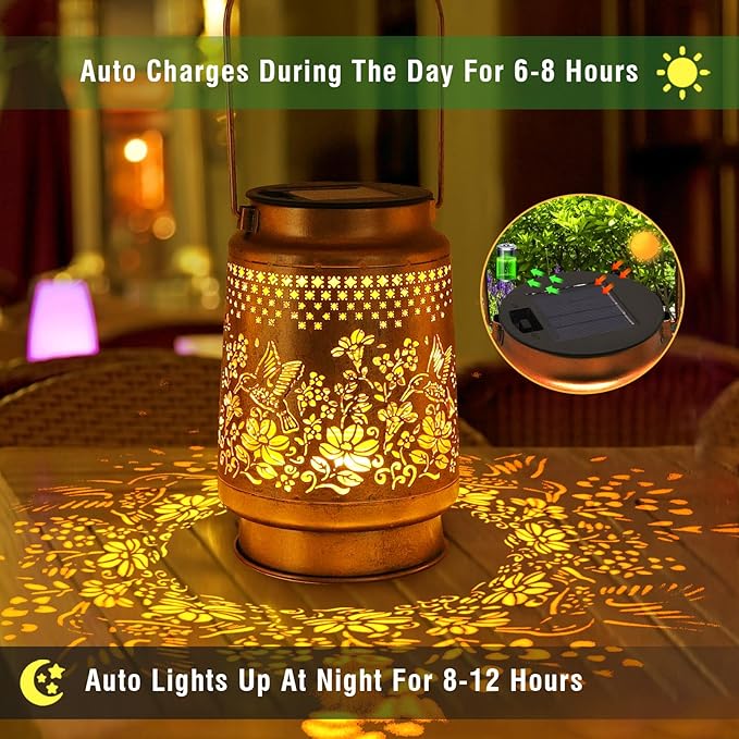 Solar Lanterns Outdoor Hummingbird Garden Decor, Birthday Gifts for Women Mom Grandma Metal Hanging Lantern Lights Waterproof Solar Lights with Shepherd Hook LED Decoration for Garden Yard Patio Lawn-VerdiqueGarden