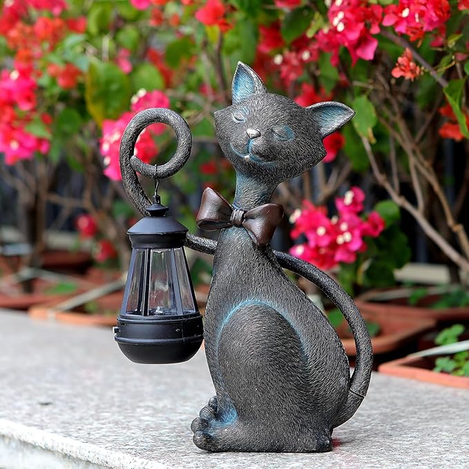 Whimsical Solar Cat Statue Decor with Solar Lantern - Unique Outdoor Spring Garden Decor for Patio, Balcony and Yard Art Lights - Ideal Mothers Day Birthday Gifts for Mom,Grandma,Women and Cat Lovers-VerdiqueGarden