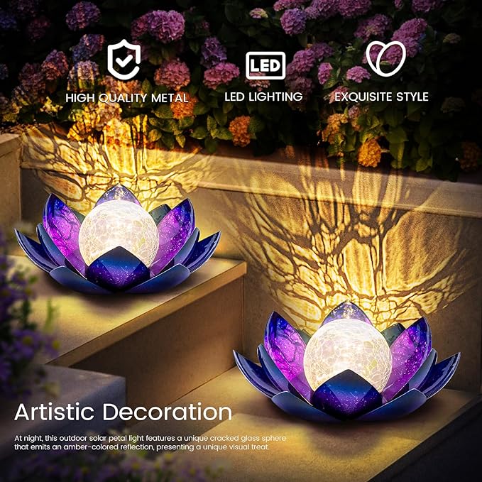 Huaxu Solar Lights for Outdoor Decor, Purple Lotus Flower Light, Waterproof LED Crackle Globe Glass Lamp for Garden, Patio, Yard, Porch, Pathway, Ground, Tabletop Christmas Gifts for Mom,Women-VerdiqueGarden