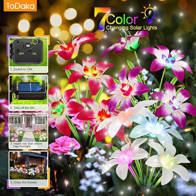 Solar Lights Outdoor Waterproof, 4 Pack Upgraded Garden Lights Solar Powered with 16 Double Layer Lily Flowers, Colorful Outdoor Solar Lights for Outside Yard Patio Garden Decor-VerdiqueGarden