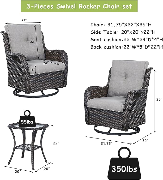 Outdoor Patio Swivel Rocker Chairs - 3 Piece Patio Bistro Set,Wicker Patio Furniture Set with 2 Swivel Rocking Chairs and 1 Glass Top Side Table for Deck Porch Garden,rown/Grey-VerdiqueGarden