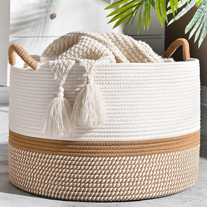 KAKAMAY Large Blanket Basket (20"x13"),Woven Baskets for storage Baby Laundry Hamper, Cotton Rope Blanket Basket for Living Room, Laundry, Nursery, Pillows, Baby Toy chest (White/Brown)-VerdiqueGarden