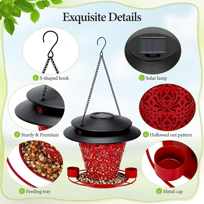 Solar Bird Feeders for Outside Hanging Metal Wild Bird Feeder Solar Lanterns Outdoor Waterproof Garden Decor for Yard red-VerdiqueGarden