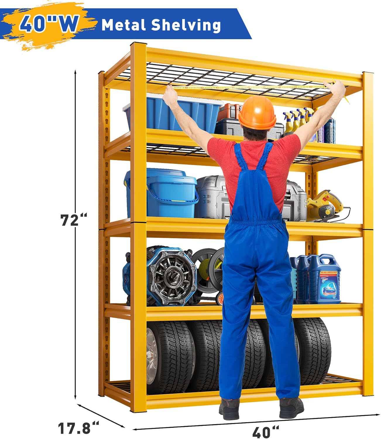 REIBII Storage Shelves 40''W Garage Shelving Heavy Duty Metal Shelving 2000LBS Metal Shelves 5 Tier Industrial Shelf for Kitchen Pantry Warehouse Basement 72" H x 40''W x 17.8''D, Yellow-VerdiqueGarden