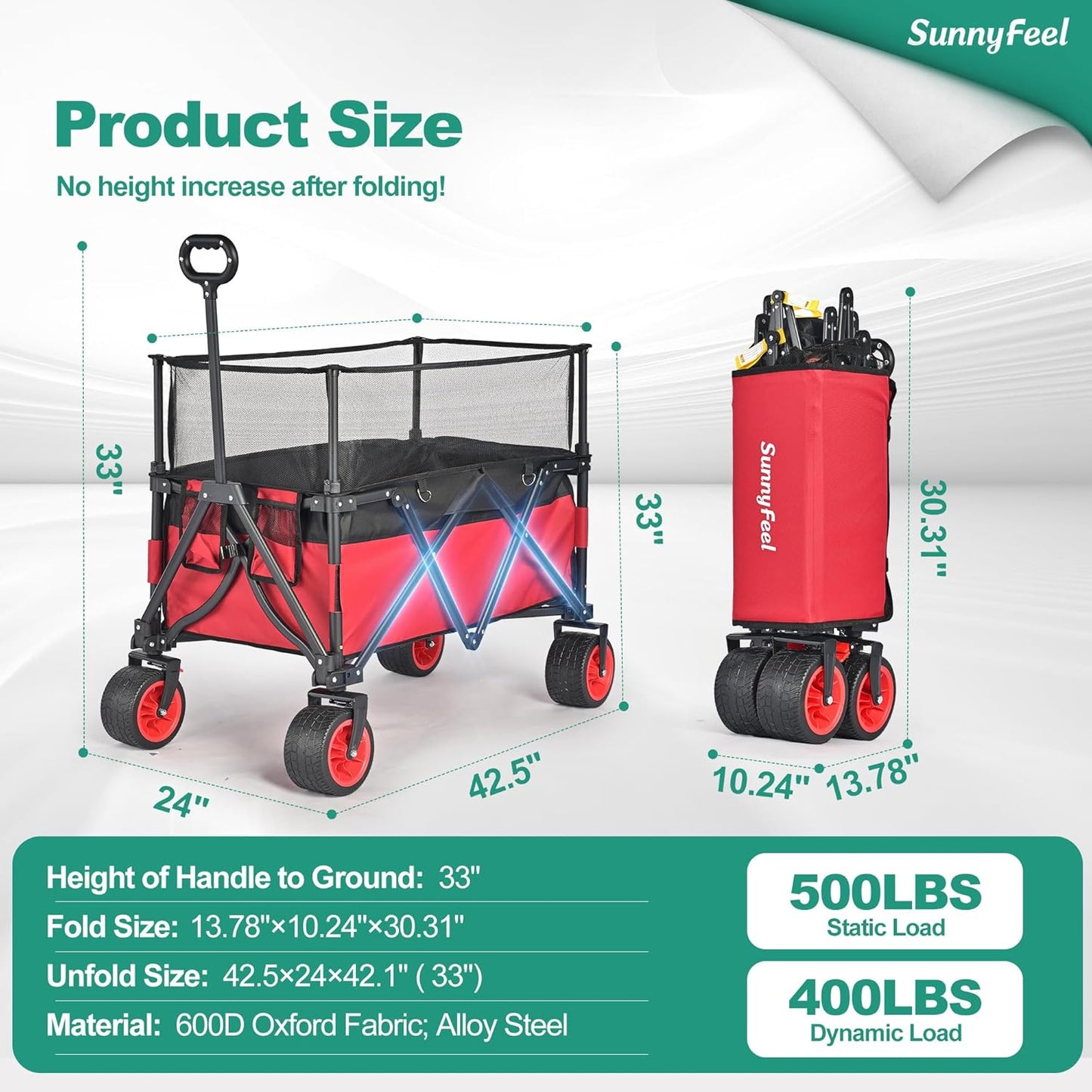 SUNNYFEEL Heavy Duty Collapsible Outdoor Utility Wagon Cart 500LB Capacity Adjustable Handlebar,Foldable Beach Wheels Stable Durable Oxford Fabric for Shopping Garden Camping (Red, Tall Version)-VerdiqueGarden