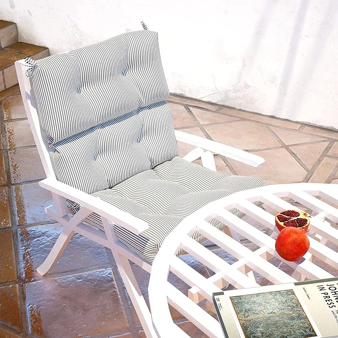 LVTXIII Outdoor 44x22-inch High Back Chair Cushions, Patio Solid Tufted Adirondack Chair Seat Cushions, Seasonal Replacement Rocking Chair Cushion with Ties, Set of 2, Strip Grey-VerdiqueGarden