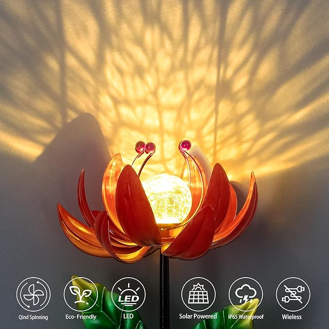 Solar Lights Outdoor Garden Decor, Solar Wind Spinner Yard Decorations for Outside, Lotus Windmill Pathway Lights with LED Cracked Crystal Ball Waterproof Flower Sculpture for Patio Lawn Garden Gifts-VerdiqueGarden