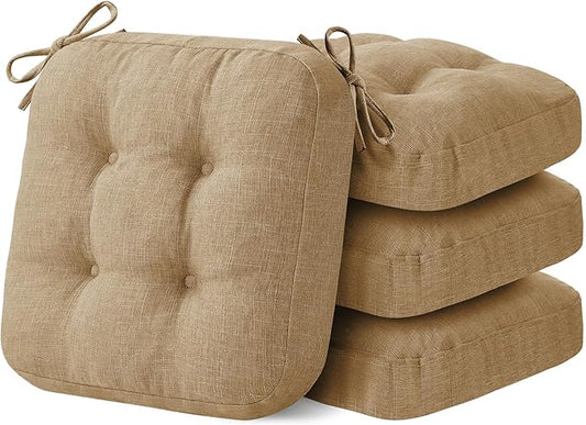 Chair Cushions for Dining Chairs, Dining Chair Cushions, Tufted Indoor Chair Pads with Ties & Non Slip Backing, Seat Cushions for Kitchen Chairs 16.5” x 16.5” x 3.5”, Set of 4, Khaki-VerdiqueGarden