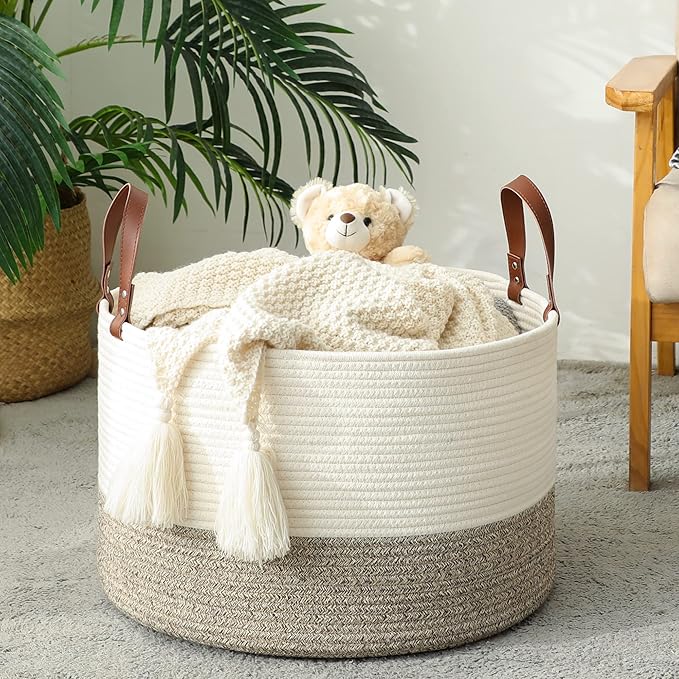 KAKAMAY Large Blanket Basket (20"x13"),Woven Baskets for storage Baby Laundry Hamper,Cotton Rope Blanket Basket for Living Room, Laundry, Nursery, Pillows, Baby Toy chest (White/Beige)-VerdiqueGarden