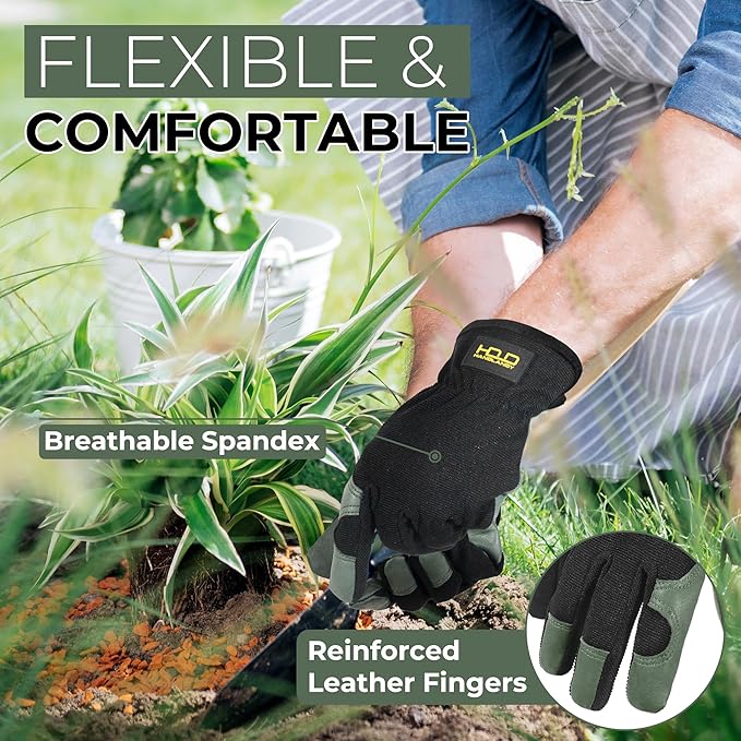 HANDLANDY Leather Work Gloves for Men & Women, Reinforced Durable Garden Gloves, Cowhide Working Glove for Gardening-VerdiqueGarden