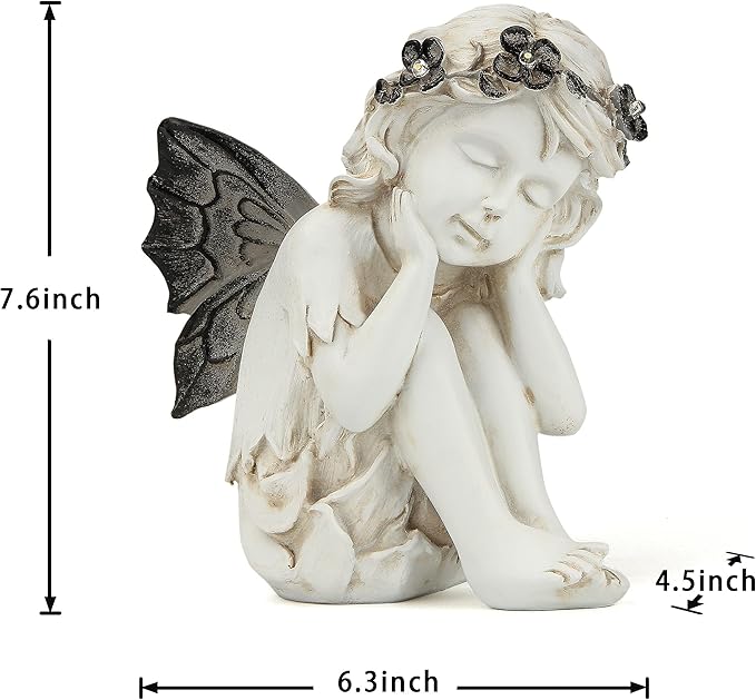 Leekung Ivory White Resin Sculpture, Angel Figurine with Solar Powered Lights for Outdoor Decor, Garden Decorations & Memorial Gifts-VerdiqueGarden