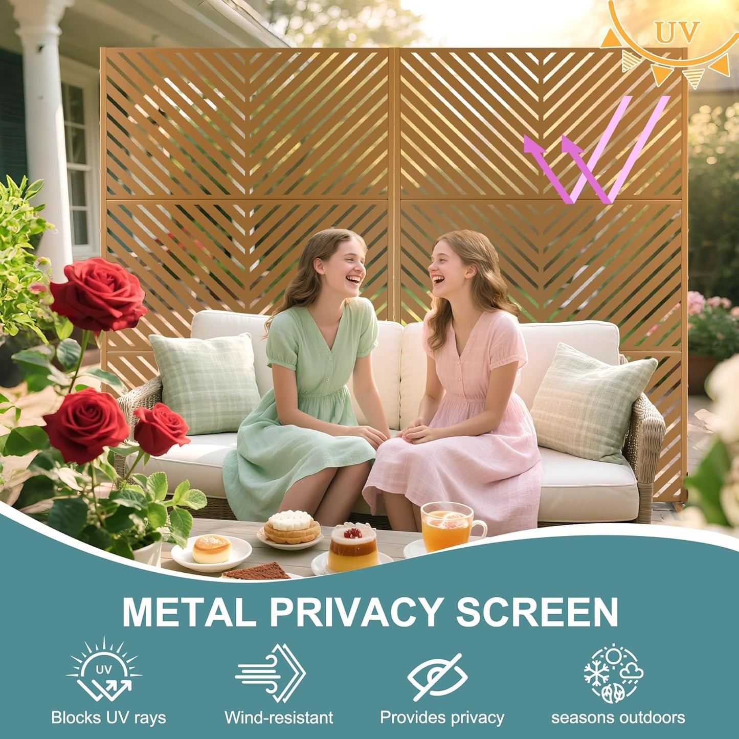 Metal Privacy Screen Outdoor Freestanding Privacy Wall Panels and Decorative Patio Dividers,Crafted from Steel with Sun-Proof Design, Ideal for Patio, Deck, Garden,72" H×47" L,（Brown&Parallel-VerdiqueGarden