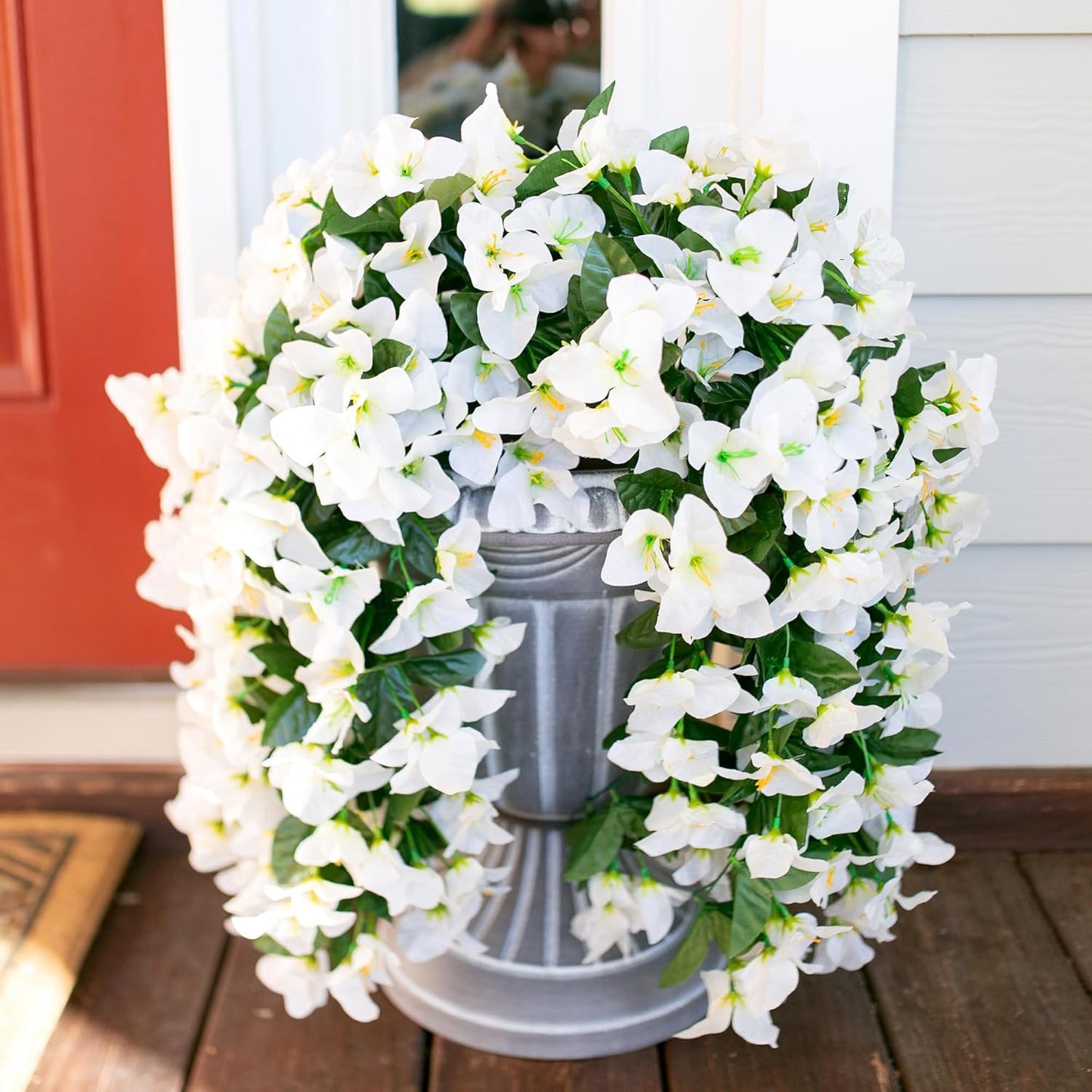 Bougainvillea Artificial Hanging Flowers Plants for Outdoors Decoration, 2pcs Fake Flowers Silk Bougainvillea Vines Realistic UV Resistant Faux Flowers for Outdoor Planters Patio Urn, White-VerdiqueGarden