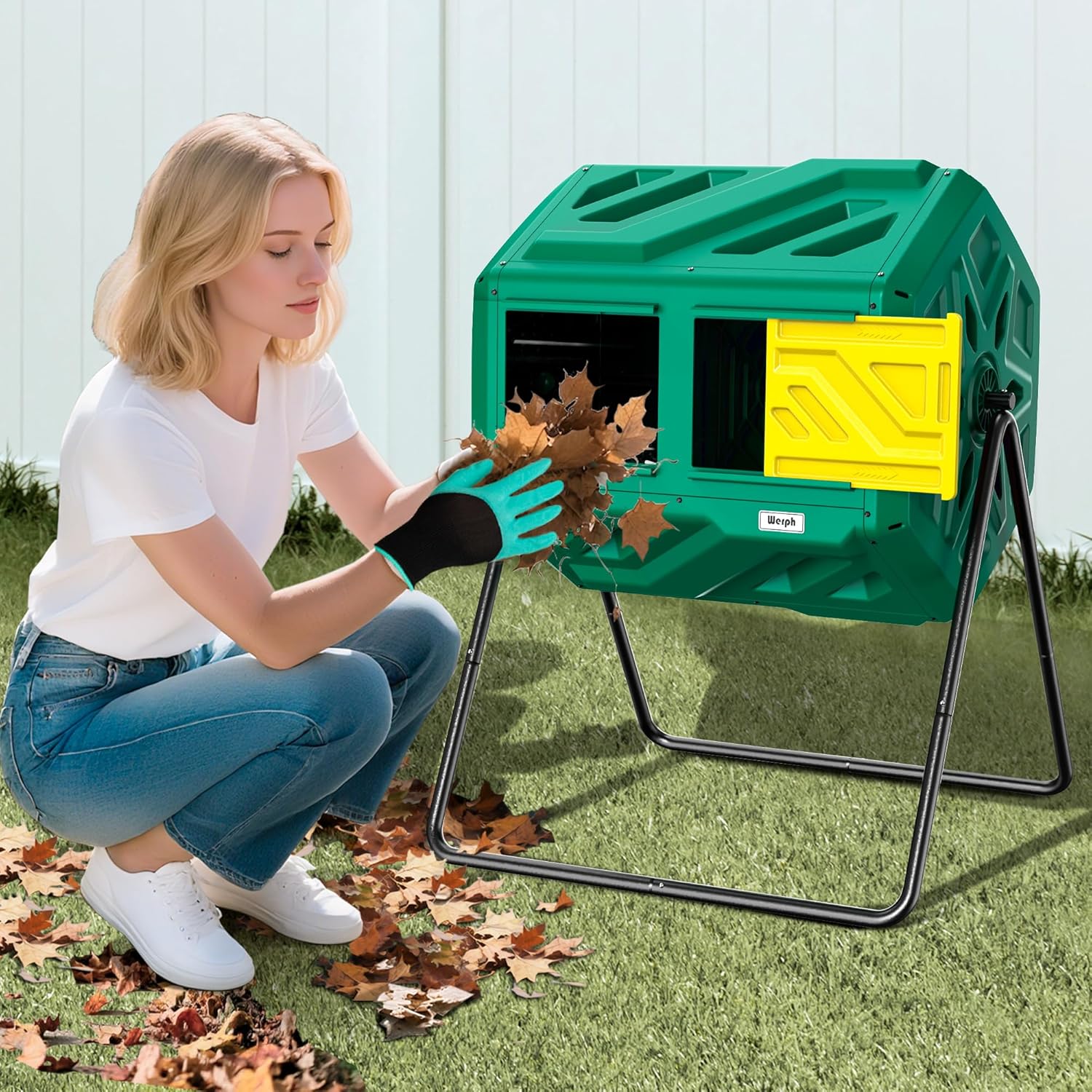 Compost Bin, Outdoor Composter, Fast Assembly 43 Gallon Dual Chamber Outdoor Compost Tumbler, Heavy Duty Tumbling Rotating Composter for Patio, Garden,Yard, Green, Easy Setup, Gloves Included-VerdiqueGarden