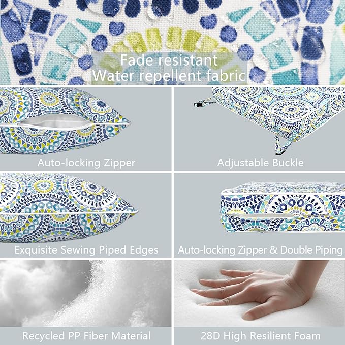 LVTXIII Outdoor Deep Seat Cushion Patio Seat and Back Cushion Set Seasonal Chair Cushion with Removable Cover and Adjustable Buckle for Home and Garden, 24"x24"x4", Delancey Lagoon-VerdiqueGarden