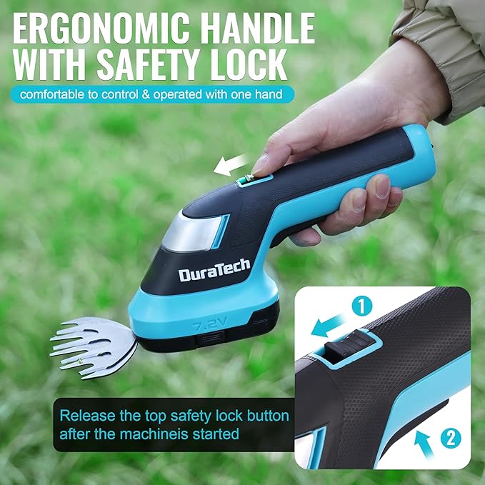 DURATECH Cordless Hedge Trimmer, 7.2V 2-in-1 Handheld Rechargeable Grass Trimmer & Hedge Shears with USB Type-C Cable, Built-in Li-ion Battery, Electric Shrub & Grass Shears for Garden, Yard and Lawn-VerdiqueGarden