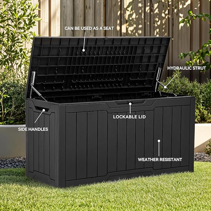 YITAHOME 80 Gallon Outdoor Storage Box, Large Water Resistant Resin Deck Box, Indoor Outdoor Lockable Storage Container for Patio, Garden, Cushions, Tools, Equipment (Black)-VerdiqueGarden