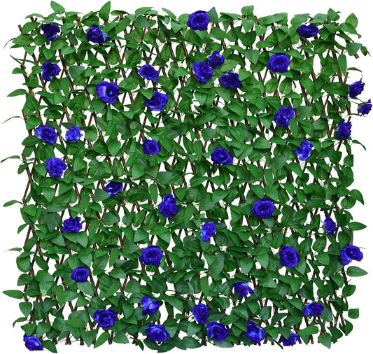 Expandable Fence Privacy Screen for Balcony Patio Outdoor,Decorative Faux Ivy Fencing Panel,Artificial Hedges (Single Sided Leaves) (1, Blue Flowers)-VerdiqueGarden
