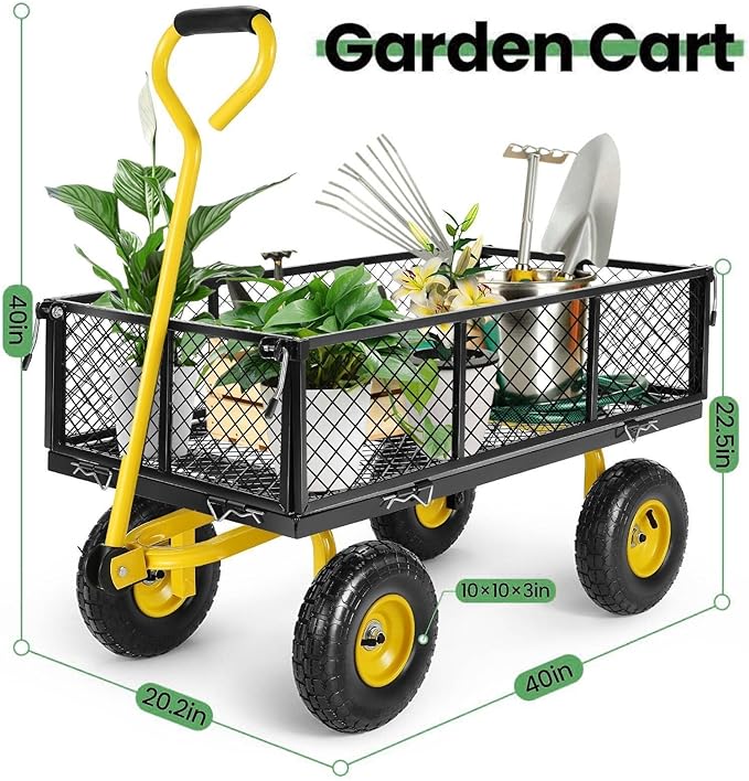 Homdox MAX 880 Lbs Garden Cart, Heavy Duty Foldable Mesh Steel Garden Wagon with 180° Rotating Handle and 10 Inch Tires, Pullable Yard Cart for Yard Garden Beach Farm, Yellow with Bag-VerdiqueGarden