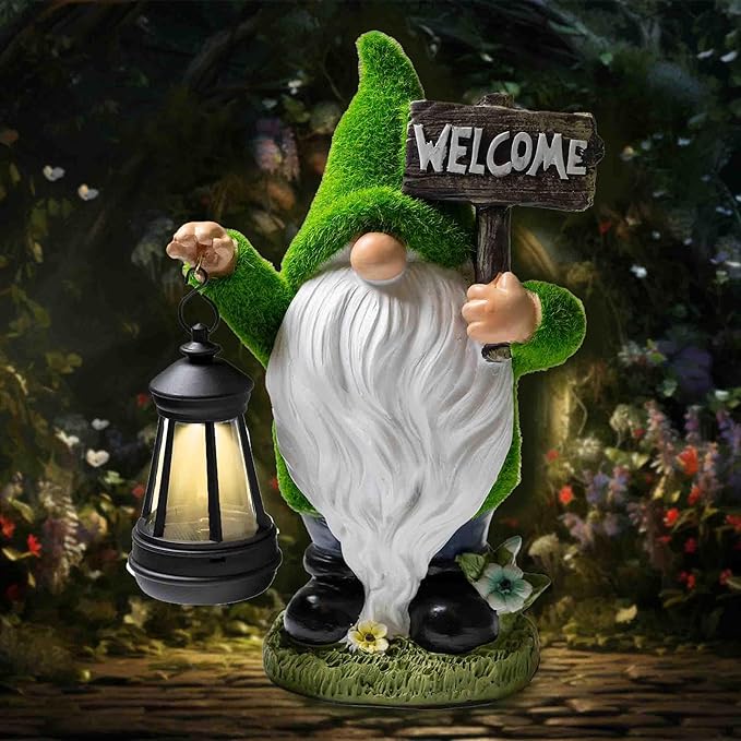 Garden Gnome Statue with Lantern - 11'' Spring Garden Gnomes Outdoor Christmas Decorations w/ Solar Light - Yard Gnomes Decorations - Vintage Solar Gnome, Housewarming Gifts for Women & Men-VerdiqueGarden